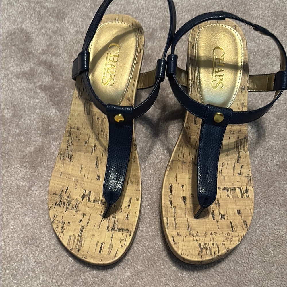Champs Blue T-Strap Sandals Cork Footbed